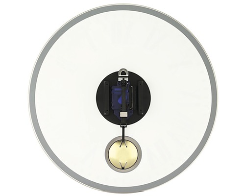 Achteraanzicht van een ronde wandklok met slinger