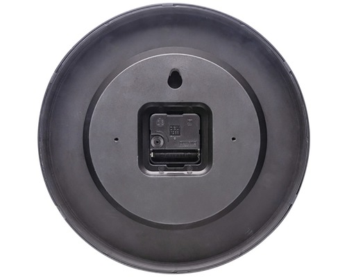 Achterkant van een ronde wandklok met batterijcompartiment en ophangsysteem