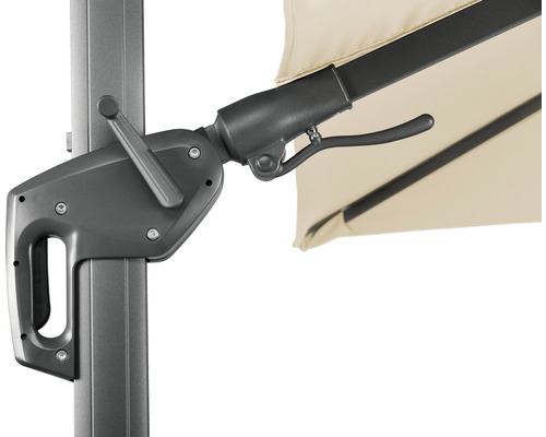 Details van een parasol met handbediend zwengelmechanisme
