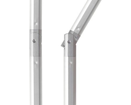 Detailopname van een parasolstok met knikmechanisme.