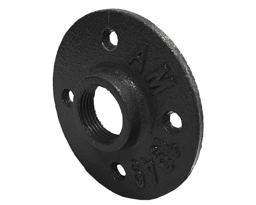 Zwarte smeedijzeren flens met schroefdraad en vier bevestigingsgaten
