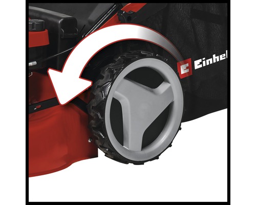 Detailweergave van een grasmaaier met pijl die een beweging aangeeft. Einhell Logo.