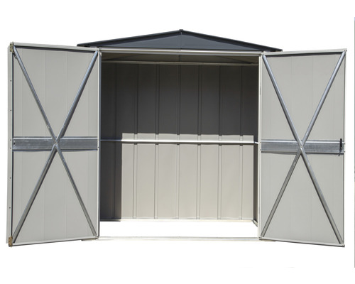 Geopende metalen tuinhuis met dubbele deur