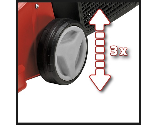 Drievoudig in hoogte verstelbaar wiel op een tuingereedschap.
