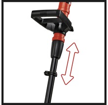 Detail van een grastrimmer met verstelbare handgreep en pijl die de hoogteverstelling aangeeft