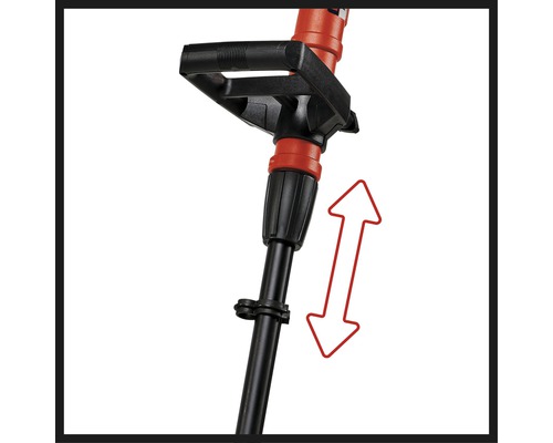 Detail van een grastrimmer met verstelbare handgreep en pijl die de hoogteverstelling aangeeft