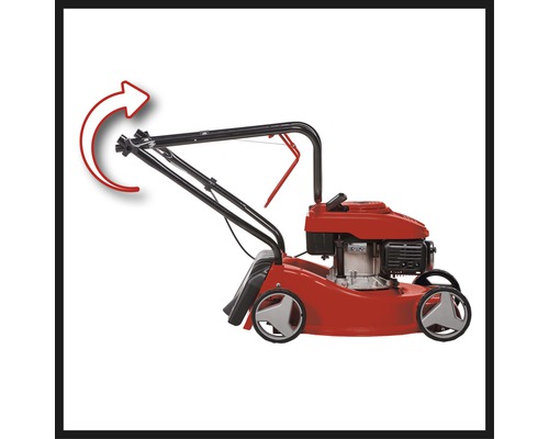 Rode grasmaaier met verstelbare handgreep en pijl die de beweging aangeeft.