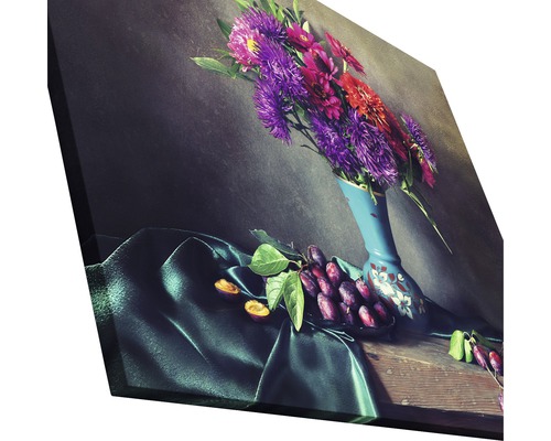 Decoratieve canvasprint met bloemstilleven, vaas en pruimen