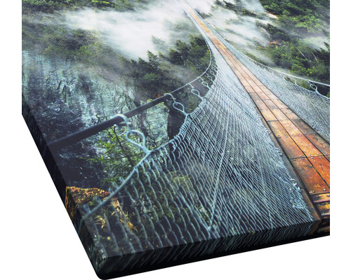 Close-up van een kunstafdruk met een hangbrug over een beboste canyon
