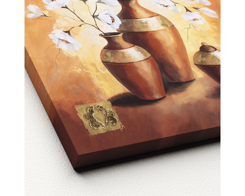 Schilderij met bruine vazen en witte bloemen
