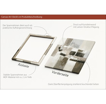 Productbeschrijving van een canvas kunstwerk van 50x50 cm, met de achterkant met MDF frame en de voorkant met kunstdruk.
