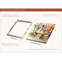 Productbeschrijving van een canvas met tuinmotief, afmeting 50x50 cm, met MDF frame