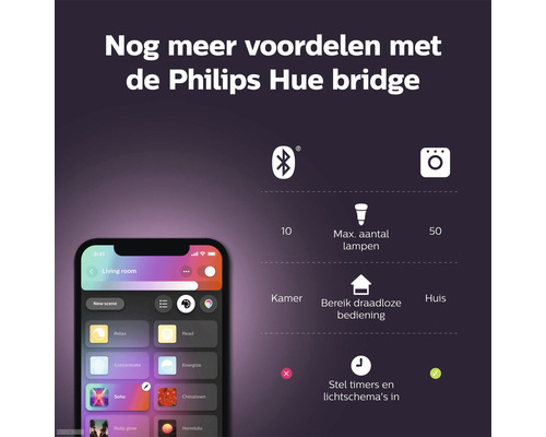 Philips Hue Bridge voordelen met Bluetooth symbool, maximaal aantal lampen en timerfunctie.
