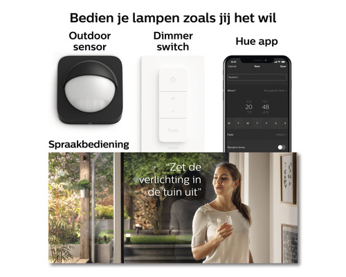 Philips Hue systeem voor lampbediening met buitensensor, dimschakelaar en appbediening via smartphone, evenals spraakbesturing.
