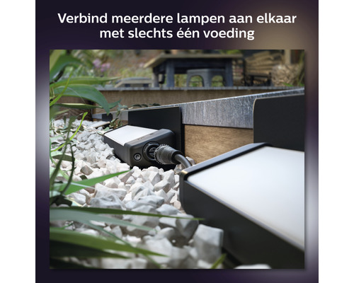 Tuinlandschap met buitenlampen op grind