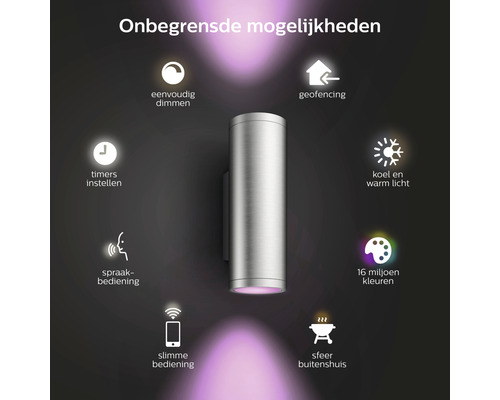 Buitenwandlamp met functies zoals dimmen, timers, spraakbediening en 16 miljoen kleuren
