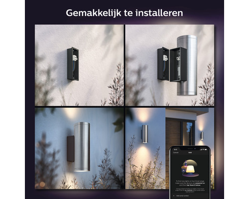 Meerdere afbeeldingen van een zilverkleurige Philips Hue wandlamp voor buiten tijdens de installatie en bediening via een smartphone app