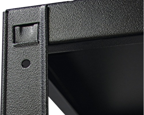 Detailopname van een zwart metalen rek met een gat voor montage