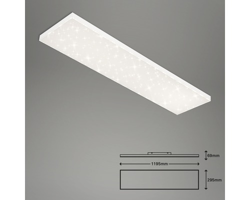 Rechthoekige LED plafondlamp met sterrenhemel effect en maataanduidingen.