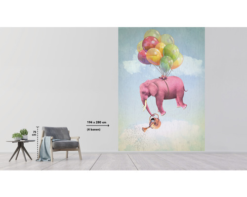 Wandafbeelding met olifant, ballonnen en gieter in de kinderkamer