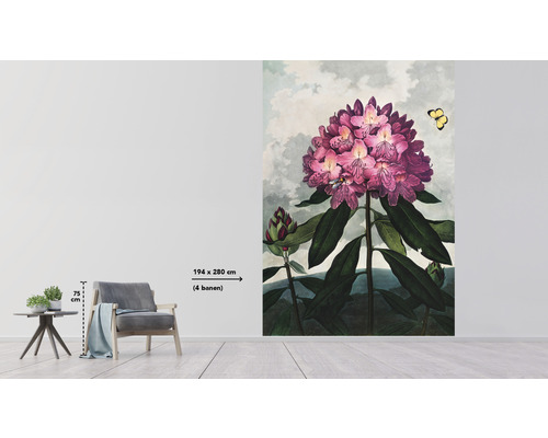 Muur met bloemenbehang met rhododendronmotief en een afmeting van 194 x 280 cm