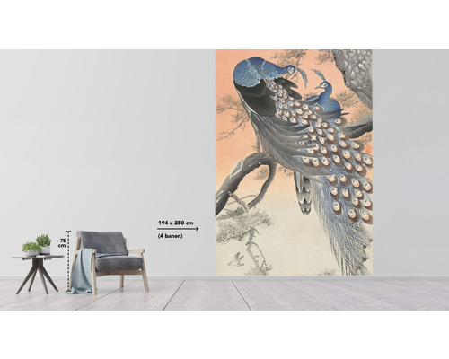 Fotobehang met pauwenmotief op een tak, afmeting 194 x 280 cm