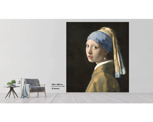 Wandafbeelding met het schilderij Meisje met de parel van Johannes Vermeer, grootte 243 x 280 cm