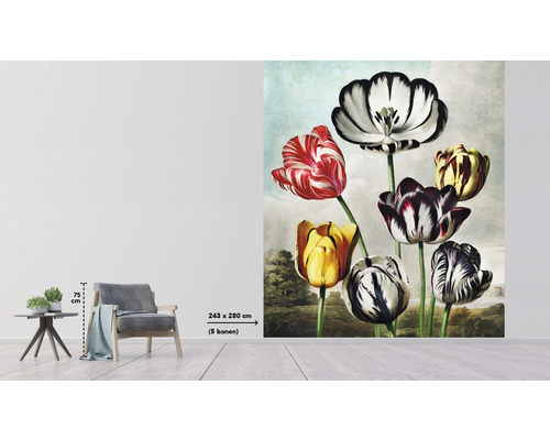 Fotobehang met tulpenmotief in de woonkamer, afmeting 243 bij 280 centimeter