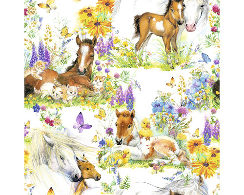 Illustratie van veulens, katten, eendenkuikens en bloempatroon