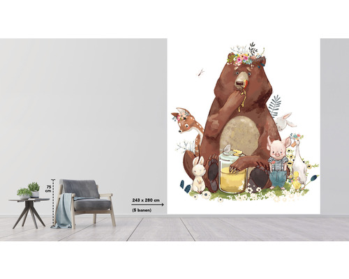 Fotobehang met een beer, een ree, een haas, een varken en een gans met bloemen op hun hoofd