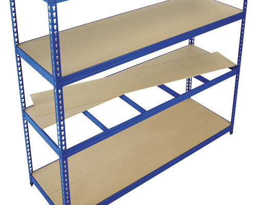 Blauw metalen rek met meerdere planken