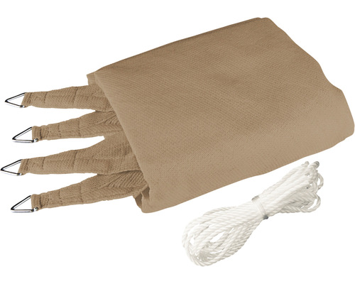 Beige zonwering met bevestigingstouw en metalen ogen