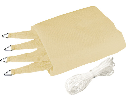 Beige zonwering met bevestigingstouw en metalen ogen