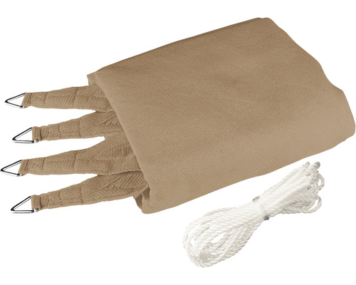 Beige zonnescherm met bevestigingstouwen