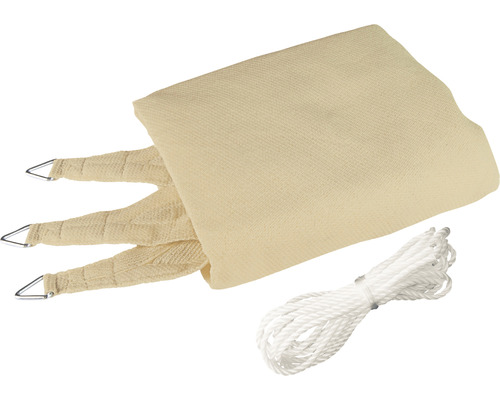 Beige zonnescherm met bevestigingstouwen