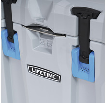 Detail van een grijze koelbox met een inhoud van 28 liter en het Lifetime logo.