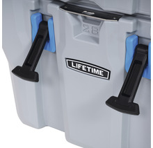 Detailopname van een koelbox met sluithendels en Lifetime logo.