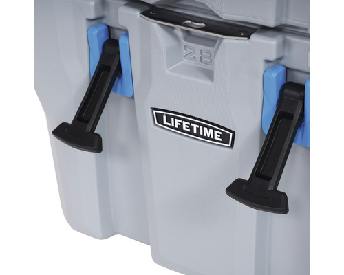 Detailopname van een koelbox met sluithendels en Lifetime logo.