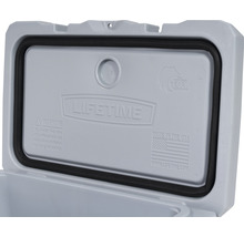 Deksel van een koelbox met afdichting, Lifetime logo en aanduiding van berenbestendigheid.