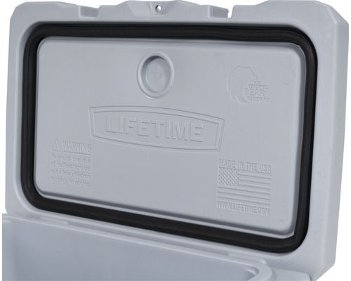Deksel van een koelbox met afdichting, Lifetime logo en aanduiding van berenbestendigheid.