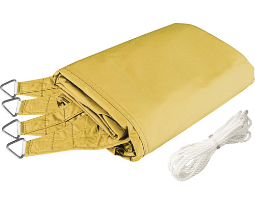 Geel zonnescherm met bevestigingstouwen en stalen ogen