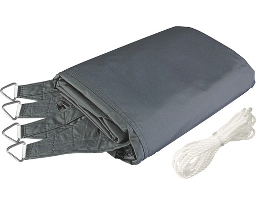 Grijs zonnescherm met touwen en bevestigingsringen