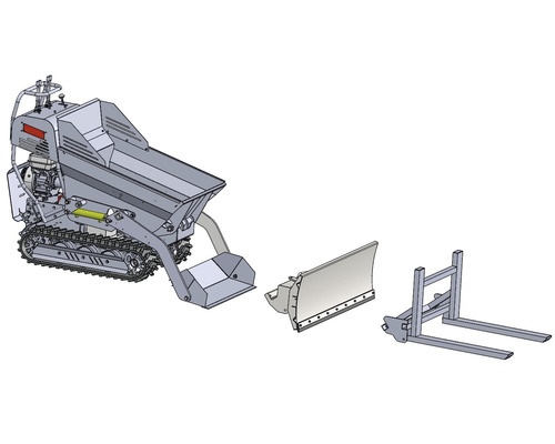 Mini dumper met sneeuwschuiver en vorkheftruckopzetstuk