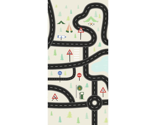 Illustratie van een wegenkaart met verkeersborden, bomen en tenten