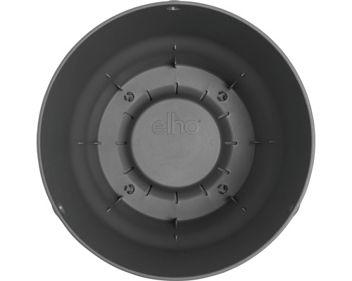 Binnenaanzicht van een grijze plantenpot met Elho logo.
