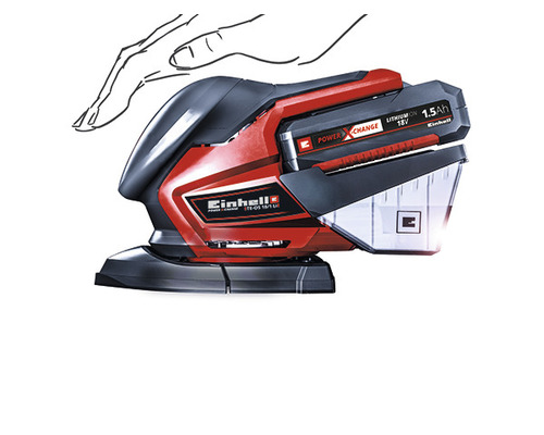 Einhell accu-excentrische schuurmachine met stofopvangzak en handsymbool