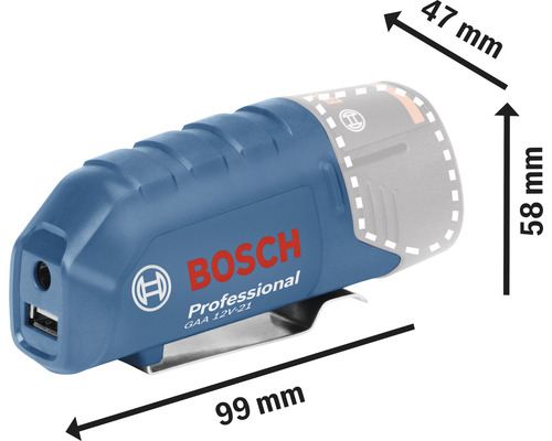 Bosch Professional GAA 12V-21 accu-adapter met afmetingen