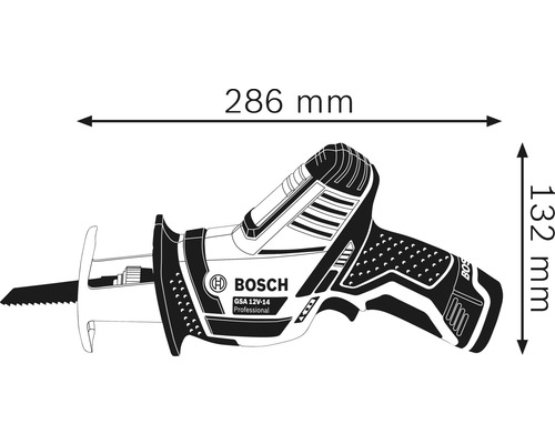 Afbeelding van de afmetingen van de Bosch accusabelzaag, 286 mm lengte en 132 mm hoogte