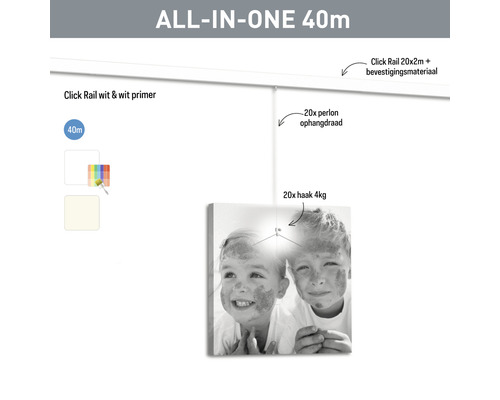 Alles-in-één 40 meter ophangsysteem met Click Rail en toebehoren voor het ophangen van foto''s
