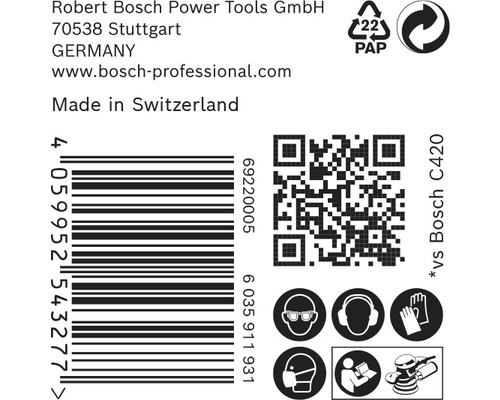 Informatie over Robert Bosch Power Tools, streepjescode, QR-code, papierverpakkingsidentificatie, veiligheidsmaatregelen